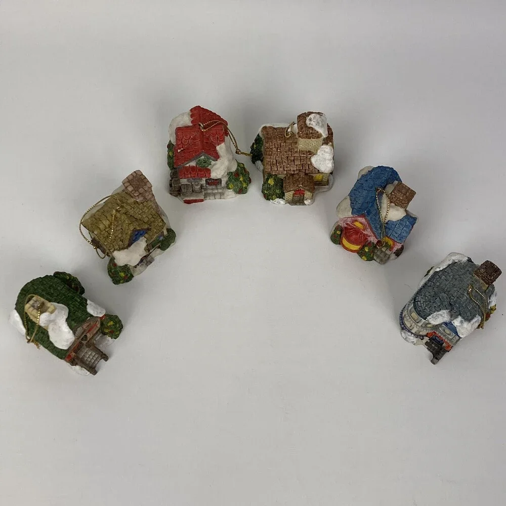 Lot Set 6 VTG Christmas Village Ornaments Mini Houses Bakery Antiques Snow Resin